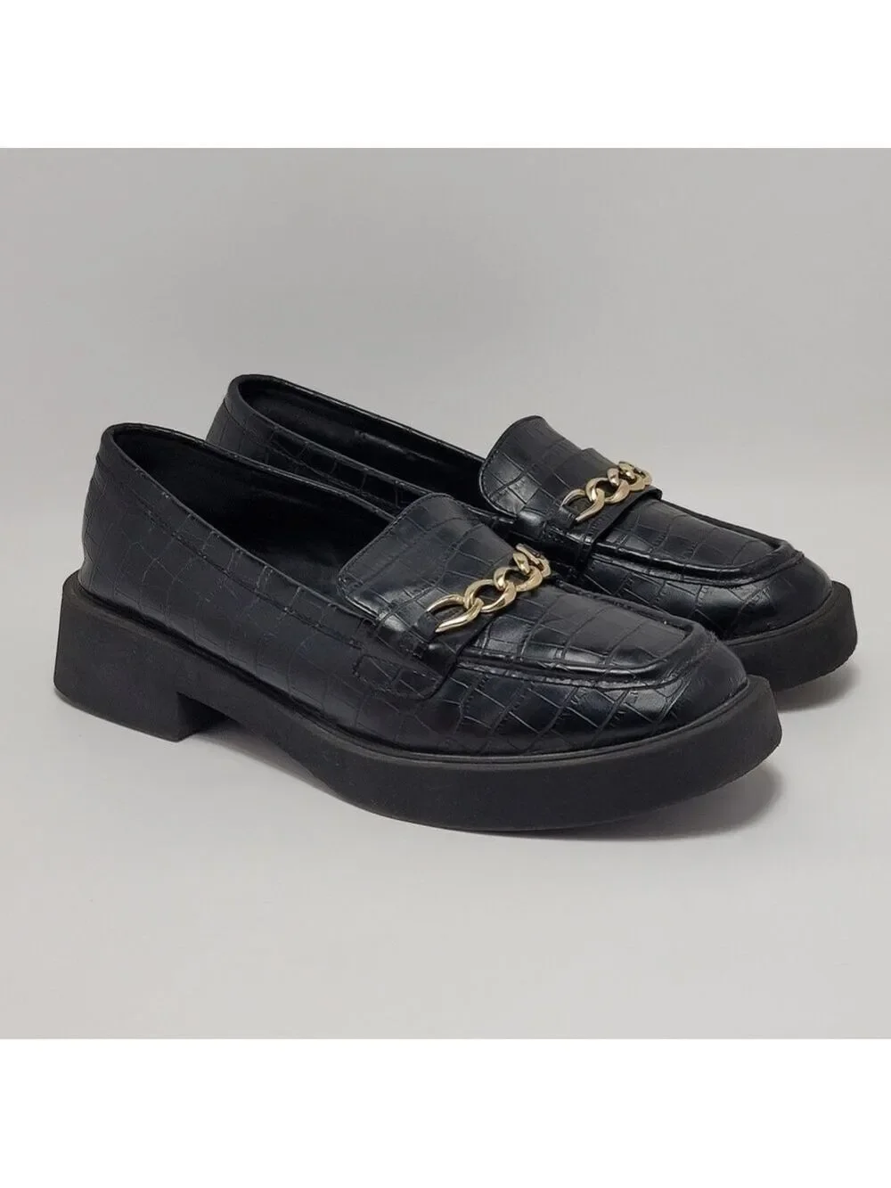 Reaction Kenneth Cole Sienna Lug Black Loafers Shoes With Chain Size 9